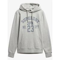 Cadet grey marl hoodie with "Superdry JPN No. 23 DPT" print, front pocket, and drawstring hood.