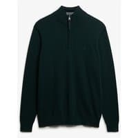 Enamel green cotton half zip jumper with ribbed cuffs and collar, subtle branding on chest.