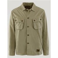 Light khaki green military overshirt jacket with button front, two chest pockets, and Superdry&Co logo patch.