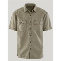 Light khaki green short sleeve military shirt with button front and two chest pockets.