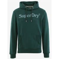 Dark pine green Superdry hoodie with front logo, drawstring hood, and kangaroo pocket, size XL.