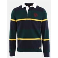Green and navy striped rugby top with yellow accents, white collar, and embroidered logo on chest.