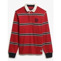 Red Superdry rugby top with white collar, navy and white stripes, and embroidered logo on chest.