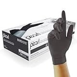 Black Unigloves Pearl nitrile examination gloves, powder and latex free, box of 100, large size, sleek black design.