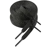 Black flat shoelaces, 130cm long, 8mm wide, tightly woven texture, suitable for trainers and sneakers.