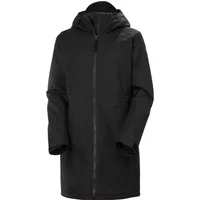 Black women's long hooded waterproof jacket with front zipper and insulated design by Helly Hansen.