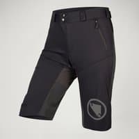 Black women's MT500 Spray Shorts II by Endura, featuring zippered pockets, adjustable waistband, and logo on the thigh.