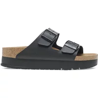 Black Papillio Arizona Flex women's mules with two adjustable buckled straps and cork footbed on a black platform sole.