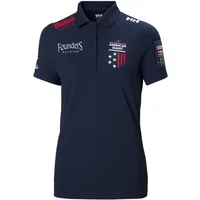 Navy Helly Hansen women's polo shirt with logos, short sleeves, buttoned collar, and American flag patch.