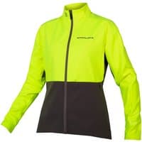Bright yellow women's Windchill Jacket II by Endura, featuring a black lower section and full front zipper.