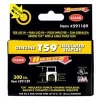 Black and yellow Arrow T59 insulated staples box, 300 count, for wire and cable, item #591189.