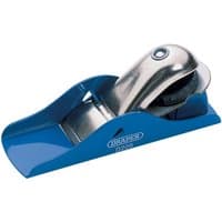 Blue Draper block plane with a silver metal blade and ergonomic handle, featuring an adjustable knob.