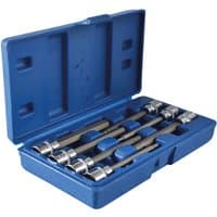 Blue plastic case with seven silver extra long hex socket bits, 3/8in drive, neatly arranged inside.