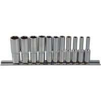 Bluespot Tools 11-piece deep socket set, silver chrome finish, arranged on a metal rail, varying socket sizes.