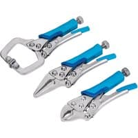 Bluespot Tools 3-piece mini locking pliers set, silver with blue grips, includes C-clamp, needle nose, and curved jaw pliers.