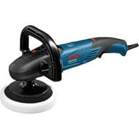 Blue and black Bosch polisher with ergonomic handle and white polishing pad, 1400W, 240V.