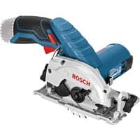 Blue and silver Bosch 12V circular saw with ergonomic handle and visible blade.