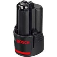 Black Bosch 12V 3.0Ah Li-ion battery with red Bosch logo and compact cylindrical design.