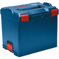 Blue Bosch L-BOXX 374 storage case with red latches and black handle on top.