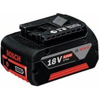 Bosch 18V 4.0Ah black and red lithium battery with visible branding and charge indicator.