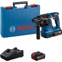 Bosch GBH 18V-22 blue rotary hammer with black handle, two 4.0Ah batteries, charger, and blue carrying case.