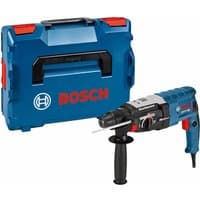 Bosch blue rotary hammer drill with black handle, red accents, and blue L-BOXX carrying case.