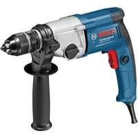 Blue and silver Bosch rotary drill with black handle, red trigger, and 750W motor.