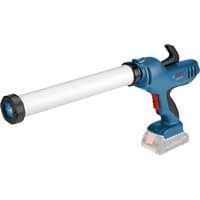 Blue Bosch 18V caulking gun with black trigger, red accents, and white tube holder.