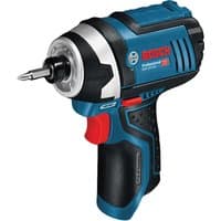 Bosch blue and black 12V impact driver with red trigger and compact design, featuring a hexagonal bit holder.