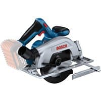 Blue and silver Bosch cordless circular saw with ergonomic handle and exposed blade housing.