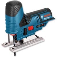 Blue Bosch cordless jigsaw with black grip, red switch, and silver base, designed for professional use.