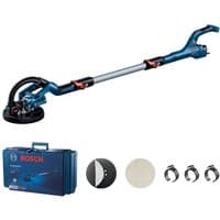Bosch GTR 55-225 drywall sander, blue with long handle, round sanding head, and accessories including discs and clamps.