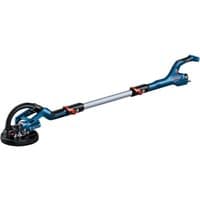 Blue Bosch drywall sander with long handle, round sanding head, and red adjustment knobs.