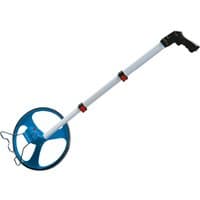 Blue and silver Bosch GWM 32 measuring wheel with ergonomic handle and collapsible shaft.