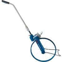 Blue Bosch GWM 40 measuring wheel with silver handle, black grip, and large circular wheel.