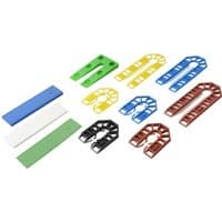 Assorted colorful Broadfix BAL160 levelling shims in various shapes and sizes, including blue, green, yellow, and red.