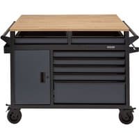 Grey BUNKER 14-drawer workbench roller tool cabinet with wooden top and black wheels.