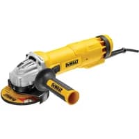Yellow DeWalt 115mm angle grinder with black handle, silver gear housing, and power cord.