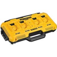 Yellow DeWalt 4 Port 8A Fast Battery Charger with black handle and slots for four batteries.
