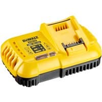 Yellow Dewalt DCB118 XR FlexVolt charger with black base, cooling vents, and LED indicators for 18/54V batteries.