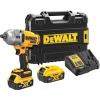 Yellow and black DeWalt impact wrench with two 5Ah batteries, charger, and carrying case.