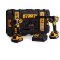Yellow and black DeWalt impact driver and combi drill set with two 5.0Ah batteries and a charger in a sturdy case.