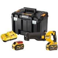Black and yellow DeWalt reciprocating saw with two 6Ah batteries, charger, and sturdy black carrying case.