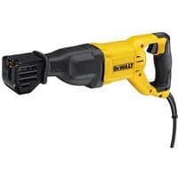 Yellow and black DeWalt 1100W reciprocating saw with ergonomic handle and corded power supply.