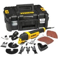 Yellow and black DeWalt multi-cutter with quick change feature, accessories, and black storage case.