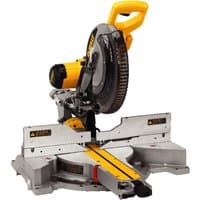DEWALT DWS780 305mm compound sliding mitre saw, silver and yellow with a black handle and laser guide.