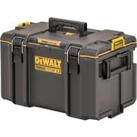 Black Dewalt ToughSystem 2.0 DS400 Tool Box with yellow accents, sturdy latches, and a central carrying handle.