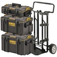 Black and yellow DeWalt ToughSystem 2.0 bundle with three stackable toolboxes on a wheeled cart.