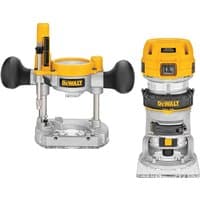 Yellow and black DeWalt 900W 240V combi router with plunge and fixed base, ergonomic handles, and adjustment knobs.