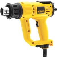 Yellow DeWalt heat gun with black accents, ergonomic handle, LCD display, and 1600W power cord.